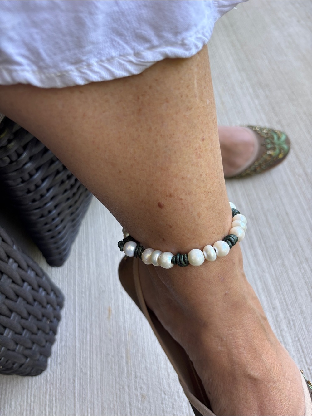Pearl and Dark Green Leather Anklet,necklace Nd bracelet  Jewelry set